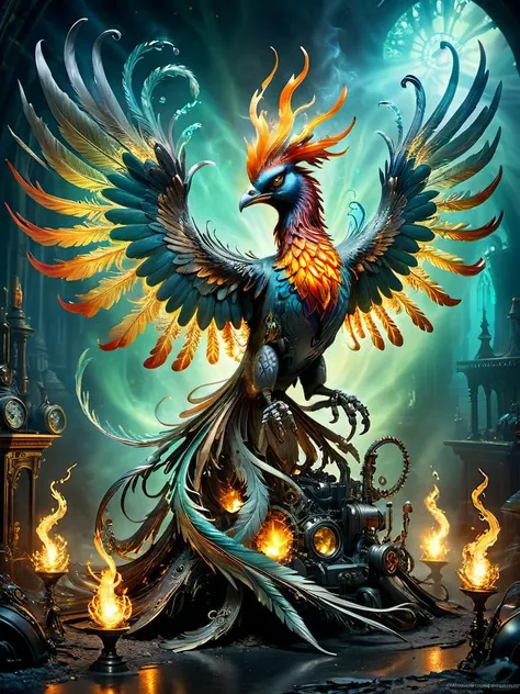 DonMR3mn4ntsXL, award winning photograph of a phoenix with fiery grace in wonderland, colorful light reflections, magical, whimsical, fantasy art concept, steampunk, intricate details, best quality, masterpiece, ultra shartp, hyper realistic, realism<lora:DonMR3mn4ntsXL:0.8>