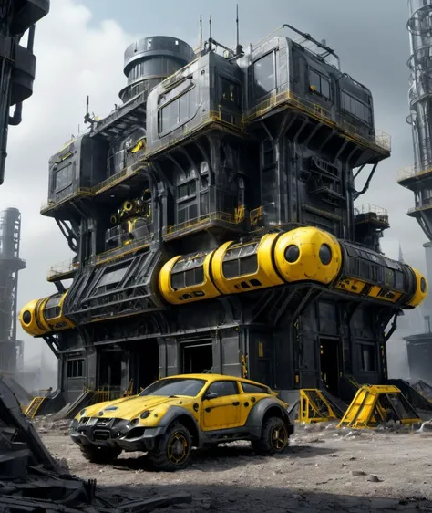 , <lora:DonMR3mn4ntsXL:1> DonMR3mn4ntsXL , black & yellow, industrial, heavy duty, modular, Office Buildings, Conglomerate stone, science fiction, building, architecture