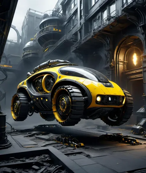 , <lora:DonMR3mn4ntsXL:1> DonMR3mn4ntsXL , black & yellow, industrial, heavy duty, modular, white and brass science fiction hovering industrial luxury car by a downtown hotel, science fiction, night time, volumetric light, dutch angle, cinematic angle