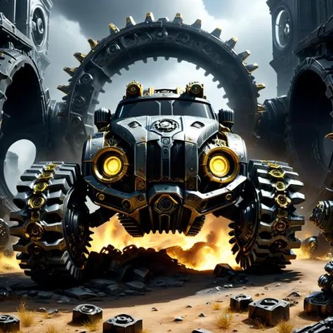 ((best quality)), ((masterpiece)), ((realistic,digital art)), (hyper detailed),DonMR3mn4ntsXL Massive Deviant Vehicle (Gears of War), Bug Deflector, Wheel Flares, Gold, __properties/Visual-Appearance__, __properties/paint-vehicle__, Glassy Smoothness,, octane rendering, raytracing, volumetric lighting, Backlit,Rim Lighting, 8K, HDR, <lora:DonMR3mn4ntsXL-000016:1>