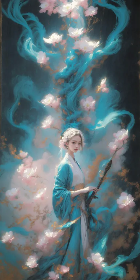 (Glowing ambiance, enchanting radiance, luminous lighting, ethereal atmosphere, mesmerizing glow, evocative hues, captivating coloration, dramatic lighting, enchanting aura), ink painting, (masterpiece, top quality, best quality, official art, beautiful and aesthetic:1.2), (1girl:1.4), extreme detailed,(joshua middleton comic cover art:1.2), (Action painting:1.3),(concretism:1.3),theater dance scene,(hypermaximalistic:1.5),colorful,highest detailed, <lora:Dragon-000012:0.4> <lora:add_detail:0.55> <lora:XXMixSkin-V1.0:0.65>  <lora:JiangshanXXMix-V1.0:0.65>tree,white flowers <lora:smokeanywhere:0.35>colorful smoke
