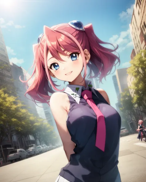 1girl, yuzu, white and blue sleeveless shirt, collar, necktie, music notes, pink hair, blue eyes, hair ornament, twintails, arms behind back,
outdoors, urban, downtown, city, futuristic, smile, solo, blue sky, sun,



<lora:Yuzu v2 e6:0.85>