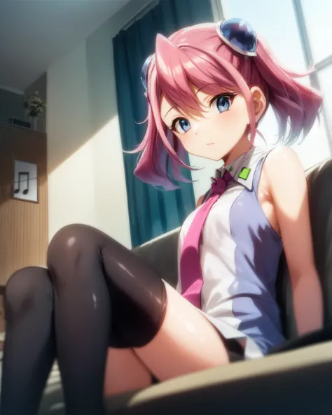 1girl, yuzu, white and blue sleeveless shirt, collar, necktie, black legwear, music notes, pink hair, blue eyes, hair ornament, twintails, 
indoors, home, living room, futuristic, solo, blue sky, sun, looking at viewer,


<lora:Yuzu v2 e6:1.0>