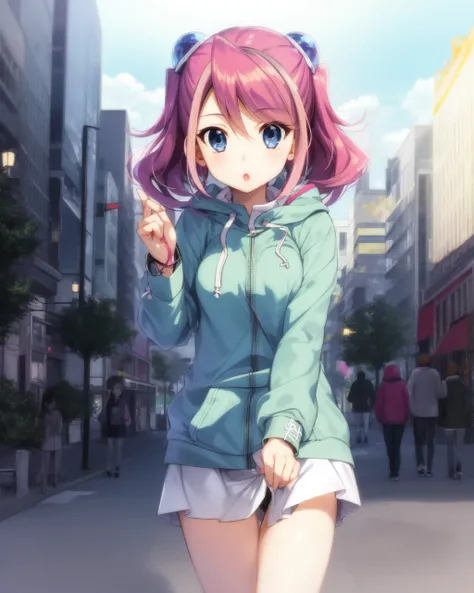 1girl, yuzu, pink hair, blue eyes, hair ornament, twintails, 
outdoors, urban, downtown, city, futuristic, :o, solo, blue sky, sun,
casual, hoodie, music notes, hood up, silver bracelet, facing viewer,


<lora:Yuzu v2 e6:0.85>