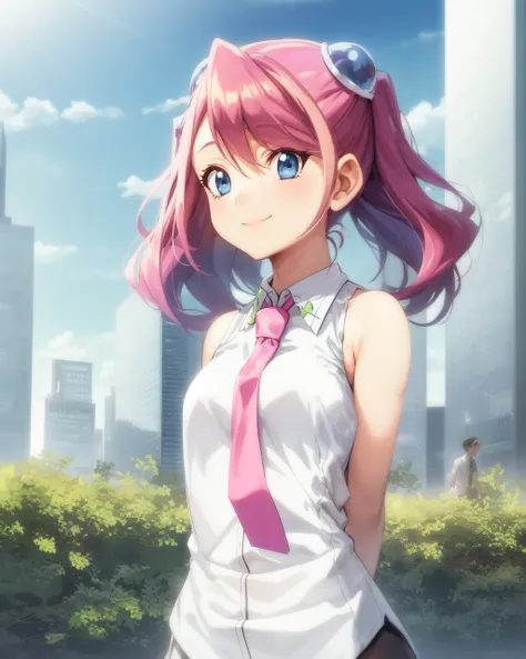 1girl, yuzu, white and blue sleeveless shirt, collar, necktie, music notes, pink hair, blue eyes, hair ornament, twintails, arms behind back,
outdoors, urban, downtown, city, futuristic, smile, solo, blue sky, sun,



<lora:Yuzu v2 e6:0.85>