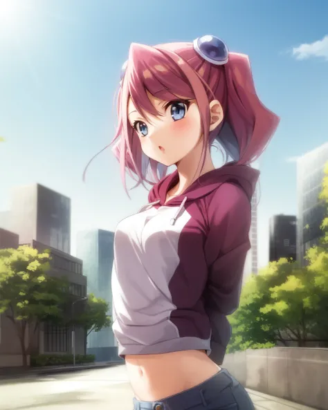 1girl, yuzu, pink hair, blue eyes, hair ornament, twintails, arms behind back,
outdoors, urban, downtown, city, futuristic, :o, solo, blue sky, sun,
casual, hoodie, midriff, music notes,
<lora:Yuzu v2 e6:0.85>