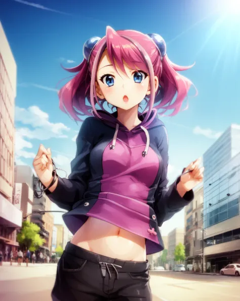 1girl, yuzu, pink hair, blue eyes, hair ornament, twintails, 
outdoors, urban, downtown, city, futuristic, :o, solo, blue sky, sun,
casual, hoodie, midriff, music notes, hood up, silver bracelet, facing viewer,


<lora:Yuzu v2 e6:0.85>