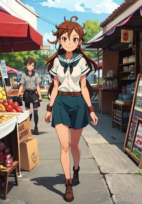 <lora:gate_ael:0.8>, gate_ael, smile, walking, market