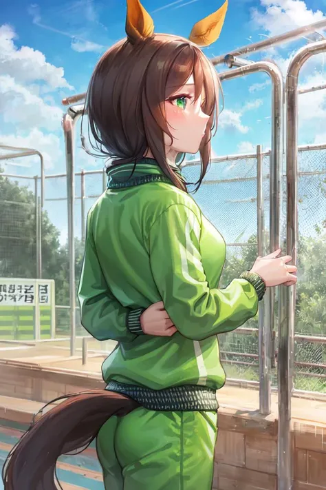 masterpiece, best quality,
looking away, fence,
hayakawa tazuna, horse ear, horse tail,
gym uniform, track suit, green jacket,
<lora:tracen_staff_loha:0.7>
