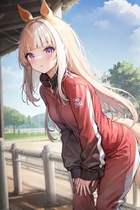 masterpiece, best quality,
leaning forward, outdoors,
akikawa yayoi, horse ear, horse tail,
track jacket, track suit, track pants, 
<lora:tracen_staff_loha:0.7>