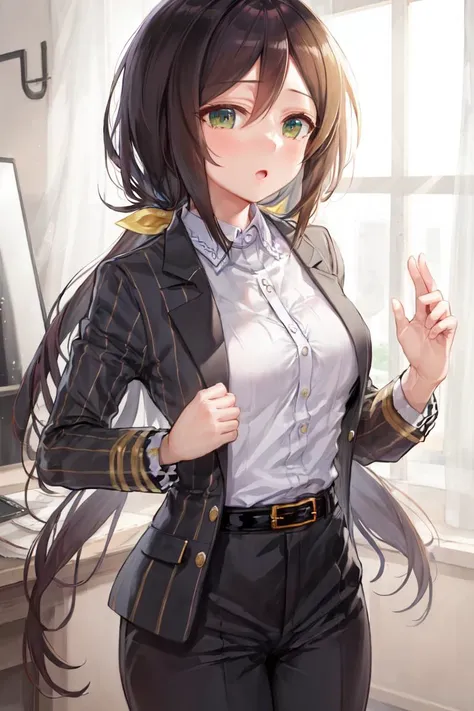 masterpiece, best quality,
hayakawa tazuna,  
<lora:tracen_staff_loha:0.7>, formal, long sleeves, collared shirt, wing collar, white shirt, dress shirt, vertical-striped shirt, buttons, striped, pinstripe pattern, pinstripe suit, black suit, black jacket, open clothes, open jacket, frilled sleeves, black belt, belt buckle, pant suit