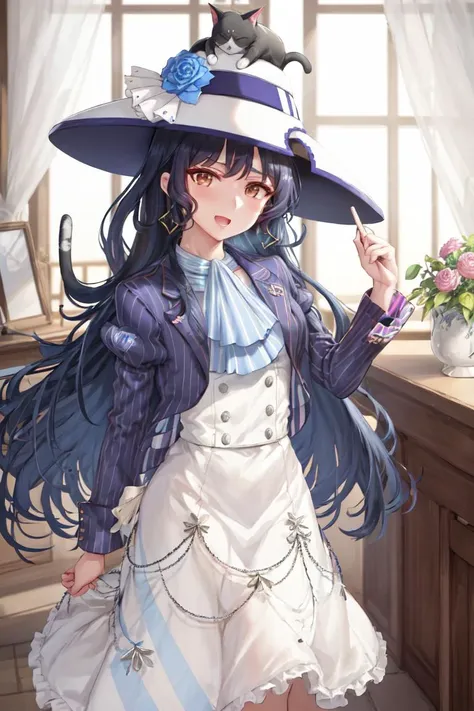 masterpiece, best quality, 
kashimoto riko,
cat on head, sun hat, white headwear, hat flower, blue rose, vertical stripes, striped ascot, vertical-striped shirt, open clothes, open jacket, blue jacket, cropped jacket, puffy long sleeves, buttons, high-waist dress, white dress,
<lora:tracen_staff_loha-000010:0.7>