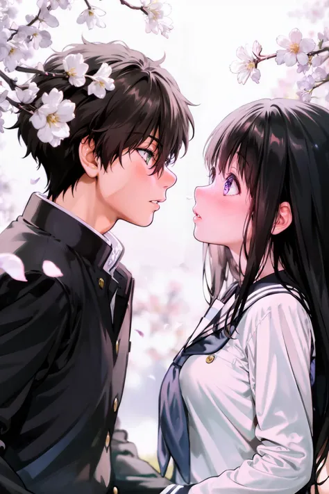 masterpiece, best quality,<lora:zxq-f:1>,zxq,1girl, oreki houtarou, 1boy, chitanda eru,long hair, green eyes, looking at another, purple eyes, black hair, hetero, school uniform, bangs, eye contact, imminent kiss, cherry blossoms, blush, upper body, kamiyama high school uniform (hyouka), short hair, couple, parted lips, gakuran, serafuku, brown hair, from side, sailor collar, hair between eyes, flower, face-to-face, jacket, petals, blurry, black jacket
