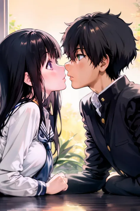 masterpiece, best quality,<lora:zxq-f:1>,zxq,1girl, 1boy, long hair, school uniform, oreki houtarou, black hair, chitanda eru, kamiyama high school uniform (hyouka), purple eyes, gakuran, serafuku, short hair, eye contact, green eyes, very long hair, hetero, looking at another, water