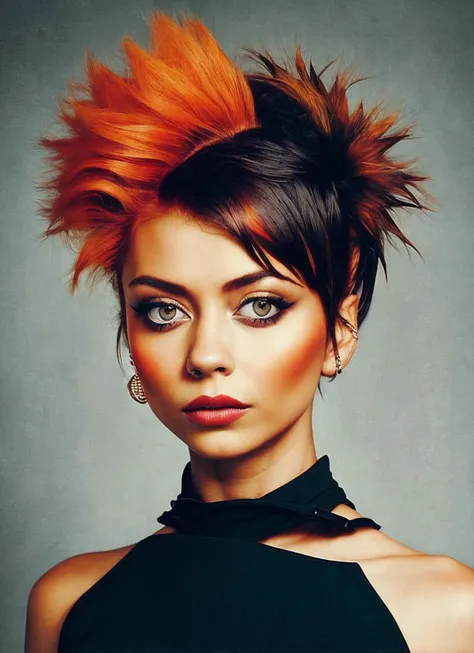 portrait of sks woman by Flora Borsi, style by Flora Borsi, bold, bright colours, orange Mohawk haircut, ((Flora Borsi)), <lora:locon_sarahhyland_v1_from_v1_64_32:1.25>