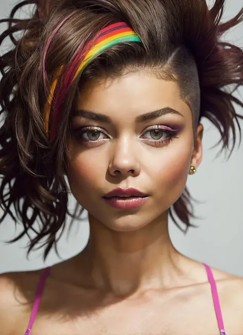 portrait of sks woman by Flora Borsi, style by Flora Borsi, bold, bright colours, rainbow Mohawk haircut, ((Flora Borsi)), <lora:locon_sarahhyland_v1_from_v1_64_32:1.25>