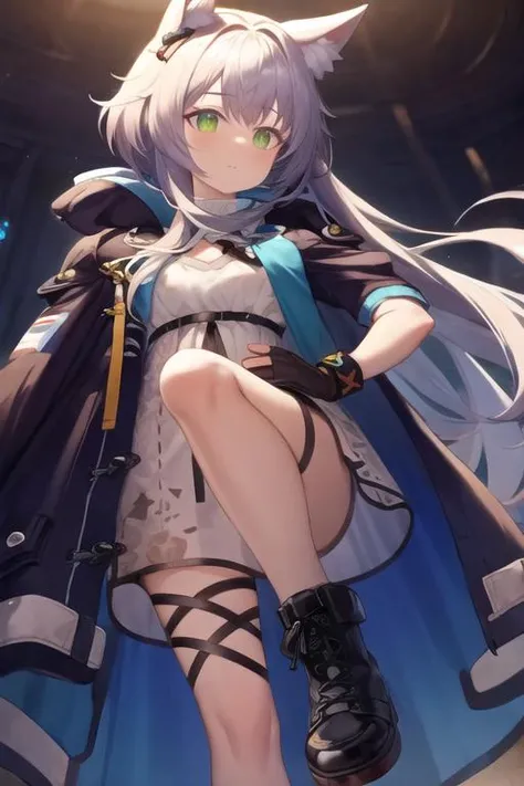High Quality,<lora:rosmontis:0.8>,1girl,green eyes,animal ears,cat girl,long hair,bangs,looking at viewer,cat ears,animal ear fluff,white_hair,small breast,closed mouth,
boots,dress,white dress,black footwear,gloves,jacket on shoulders,jacket,jacket on shoulders,coat,fingerless gloves,
looking down,standing on one leg,<lora:pose standing one leg up:1>,from below,kicking,
