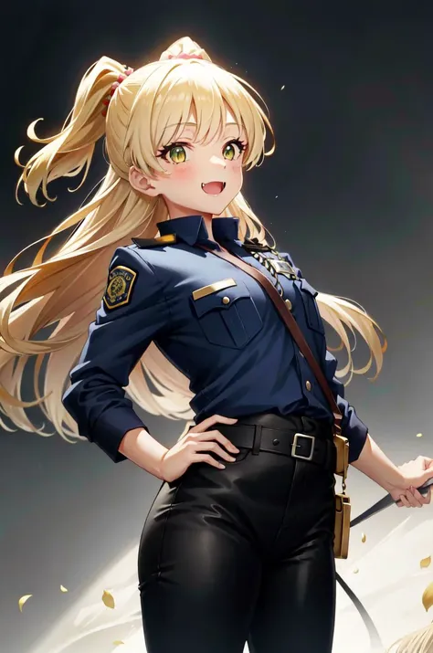 RikaJou, 1girl, solo, long hair, blonde hair, green eyes, small breasts, fang, smile, standing, dynamic pose, <lora:RikaJougasaki-01:1>, 8k, masterpiece, best quality, absurdres, perfect anatomy, cinematic lighting, cowboy shot, (police uniform:1.1), pants,