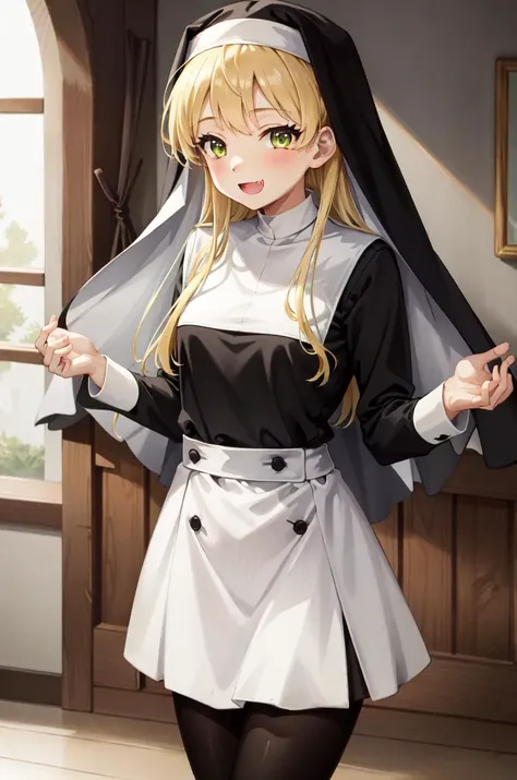 RikaJou, 1girl, solo, long hair, blonde hair, green eyes, small breasts, fang, smile, standing, dynamic pose, <lora:RikaJougasaki-01:1>, 8k, masterpiece, best quality, absurdres, perfect anatomy, cinematic lighting, cowboy shot, (nun uniform:1.1),