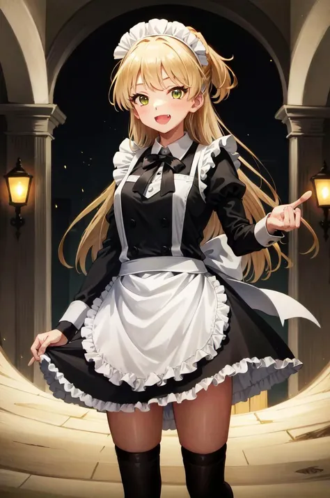 RikaJou, 1girl, solo, long hair, blonde hair, green eyes, small breasts, fang, smile, standing, dynamic pose, <lora:RikaJougasaki-01:1>, 8k, masterpiece, best quality, absurdres, perfect anatomy, cinematic lighting, cowboy shot, (maid uniform:1.1),
