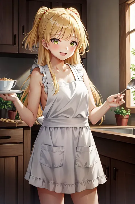 RikaJou, 1girl, solo, long hair, blonde hair, green eyes, small breasts, fang, smile, standing, dynamic pose, <lora:RikaJougasaki-01:1>, 8k, masterpiece, best quality, absurdres, perfect anatomy, cinematic lighting, cowboy shot, (naked apron:1.1), holding spoon and plate