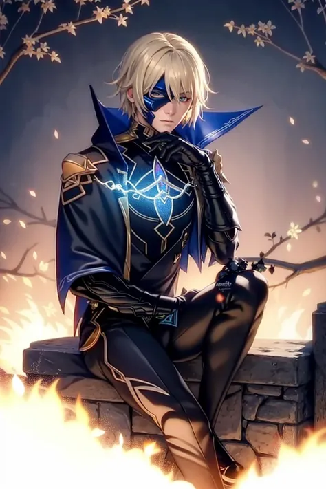 masterpiece, best quality,dainsleif\(genshin impact\), 1boy, male focus, blonde hair, blue eyes, solo, gloves, mask, looking at viewer, black gloves, hair between eyes, branch,(kbxll:0.6)