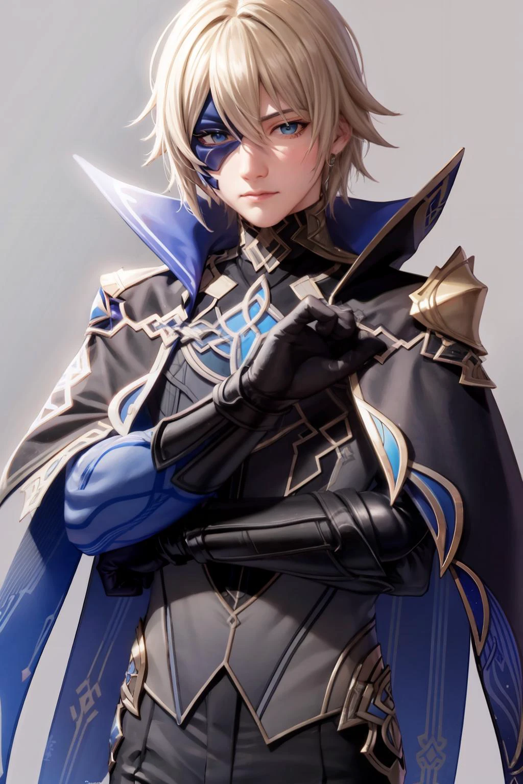 masterpiece, best quality,dainsleif\(genshin impact\), 1boy, male focus, solo, blonde hair, blue eyes, mask, gloves, hair between eyes, looking at viewer, cape, closed mouth, black gloves, bangs, high collar,, (grey background:1.4),(kbxll:0.6)