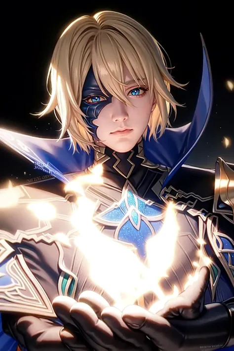 masterpiece, best quality,dainsleif\(genshin impact\), 1boy, male focus, solo, blonde hair, blue eyes, mask, gloves, hair between eyes, looking at viewer, cape, closed mouth, black gloves, upper body, flower, bangs, high collar,(kbxll:0.6)