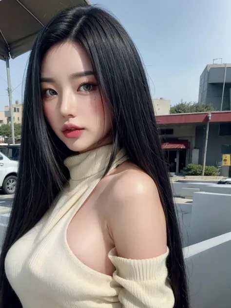 pureerosface_v1:0.24, best quality, photorealistic, 8k, high res, 1girl, woman, (skindentation), (portrait:0.6), ((cityscapebackground:1.62)), full color, ((smallsize round breast, highneck sweater:1.5)), straight-looking at viewer:1.8, (1girl eyes looking at viewer:1.55), (long hair, blackhair, partedbangs:1.45), (bokeh), (lips)   <lora:CBCV-ran2:0.7>