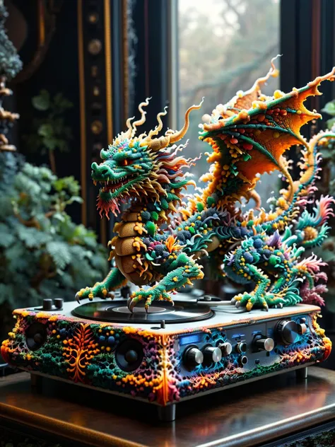 A classic vinyl record player, with ral-trichom effect on the vinyl grooves, set against a backdrop of a vintage music studio <lora:ral-trichome-sdxl:1>,<lora:EnvyBetterHiresFixXL01:0:hr=1>. Fractalvines, A wise old dragon, its scales covered in fractal vines, perched atop a mountain peak, its eyes glowing with ancient knowledge and power. <lora:Fractal_Vines:1> <lora:quality1:0:hr=1>