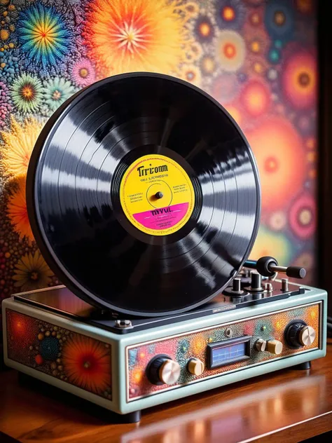 there is a record player sitting on a table with a colorful background