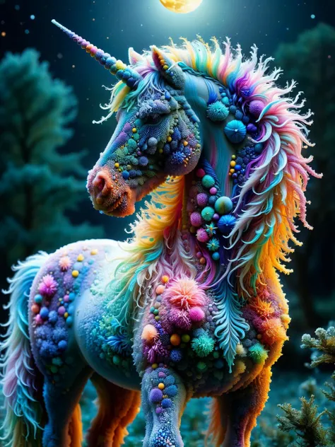 A ral-trichome portrait of a unicorn with a flowing mane of crystalline hairs, its horn emitting a soft, ethereal glow, standing amidst a moonlit glade. <lora:ral-trichome-sdxl:1>,<lora:EnvyBetterHiresFixXL01:0:hr=1>