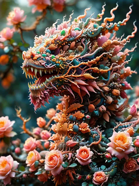 there is a dragon statue made of flowers on a tree