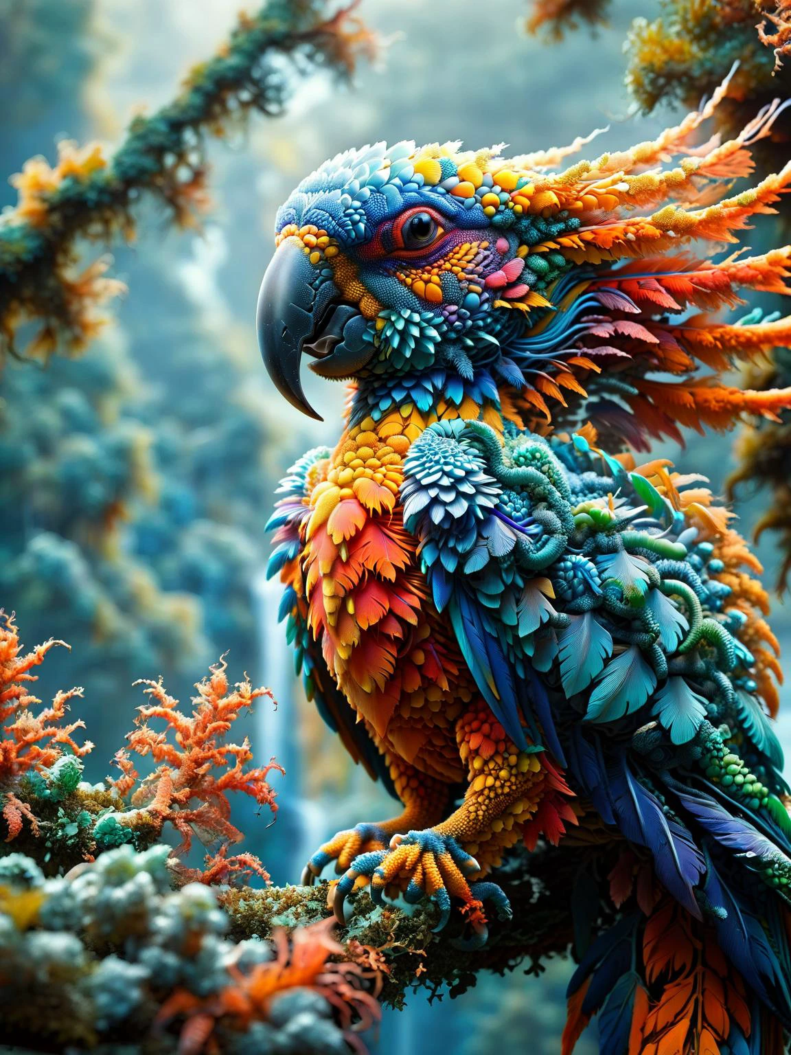 A vibrant parrot perched on a branch, its feathers a kaleidoscope of ral-trichom textures, with a dense rainforest in the background <lora:ral-trichome-sdxl:1>,<lora:EnvyBetterHiresFixXL01:0:hr=1>. Fractalvines, A wise old dragon, its scales covered in fractal vines, perched atop a mountain peak, its eyes glowing with ancient knowledge and power. <lora:Fractal_Vines:1> <lora:quality1:0:hr=1>