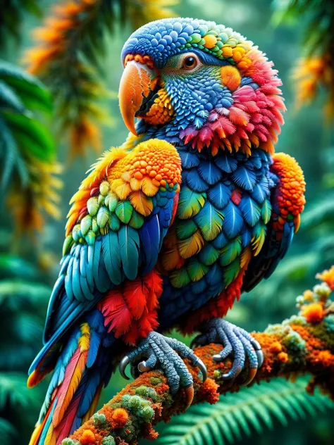 A vibrant parrot perched on a branch, its feathers a kaleidoscope of ral-trichome textures, with a dense rainforest in the background <lora:ral-trichome-sdxl:1>,<lora:EnvyBetterHiresFixXL01:0:hr=1>.