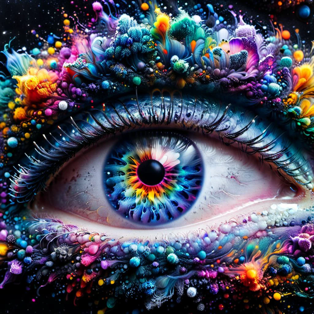 A ral-trichome masterpiece, best quality,dreamy astral travel, galaxy eyes in space dissolving into nebula on black background, holographic, cosmic, illustration ,mixed styles by Pablo Amaringo and Agnes Cecile and Dave White and Marc Allante, highly detailed acryl painting, amazing depth, cinematic, dull light, mysterious, beautiful dark colors, perfect composition by head of prompt engineering <lora:xl_more_art-full_v1:0.6>,<lora:ral-trichome-sdxl:1>,.,,.<lora:EnvyBetterHiresFixXL01:0:hr=1>.)) 16k UHD,Award Winning Photography,Ultra High Resolution, Canon EOS 6D, 135.0mm, f/2.0s, 1/125s, ISO 100 <lora:great_lighting:1.2> <lora:more_details:1.2>,>in the style of couture boudoir blog