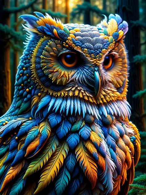 a close up of a colorful owl sitting in the woods