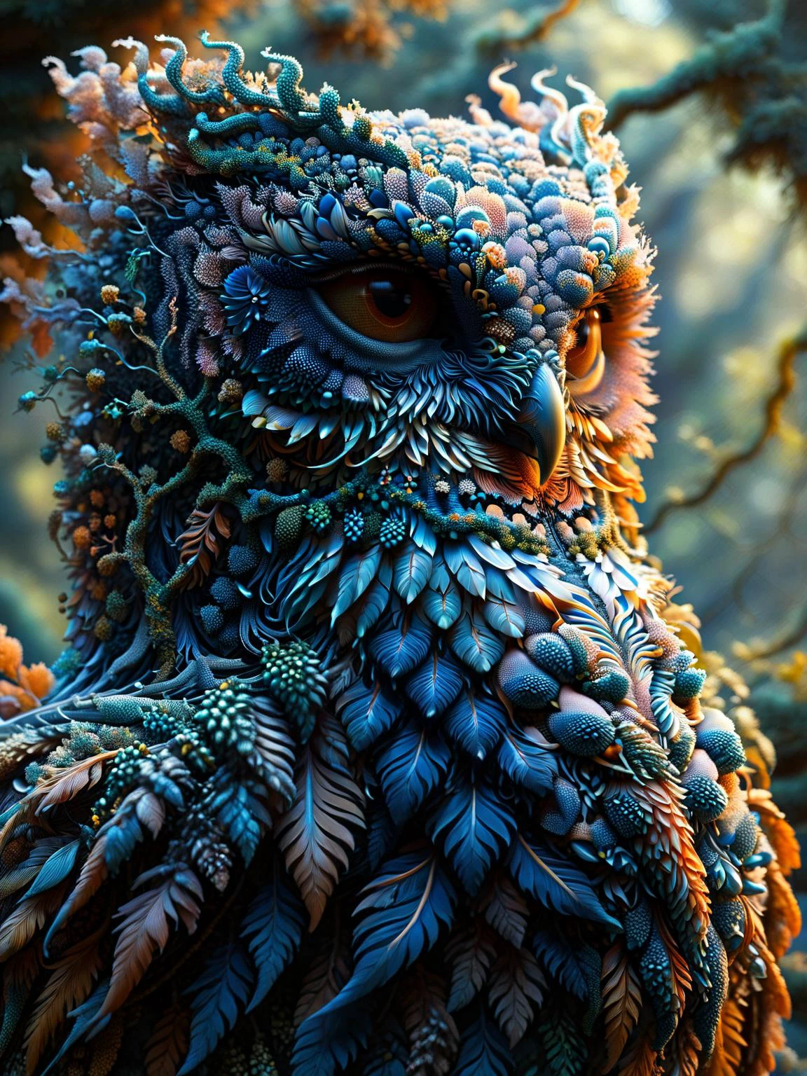 A detailed portrait of a wise old owl, its feathers rendered in stunning ral-trichom detail, with the depths of the nocturnal forest scene behind it <lora:ral-trichome-sdxl:1>,<lora:EnvyBetterHiresFixXL01:0:hr=1>. Fractalvines, A wise old dragon, its scales covered in fractal vines, perched atop a mountain peak, its eyes glowing with ancient knowledge and power. <lora:Fractal_Vines:1> <lora:quality1:0:hr=1>