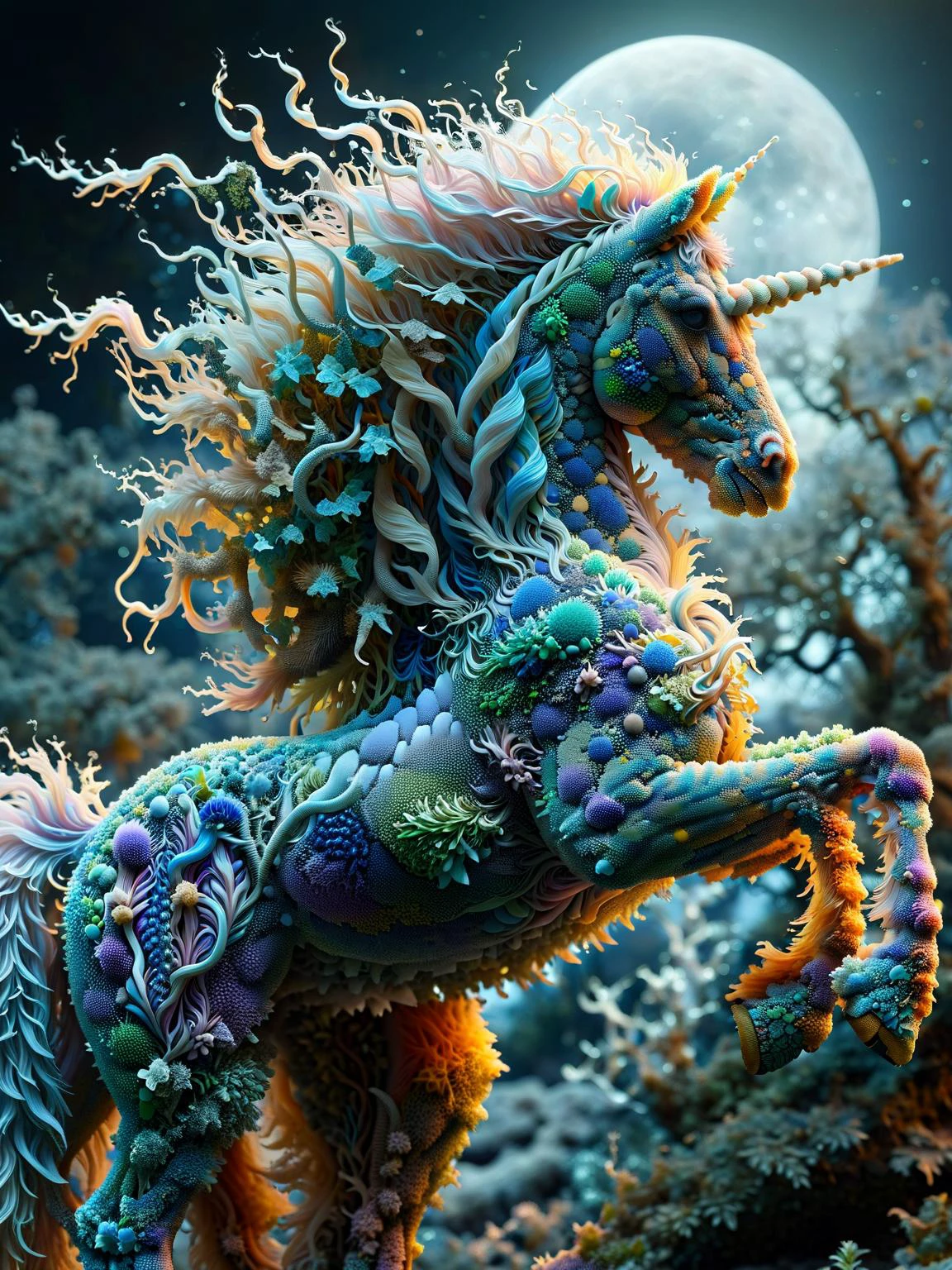 A ral-trichom portrait of a unicorn with a flowing mane of crystalline hairs, its horn emitting a soft, ethereal glow, standing amidst a moonlit glade. <lora:ral-trichome-sdxl:1>,<lora:EnvyBetterHiresFixXL01:0:hr=1> Fractalvines, A wise old dragon, its scales covered in fractal vines, perched atop a mountain peak, its eyes glowing with ancient knowledge and power. <lora:Fractal_Vines:1> <lora:quality1:0:hr=1>