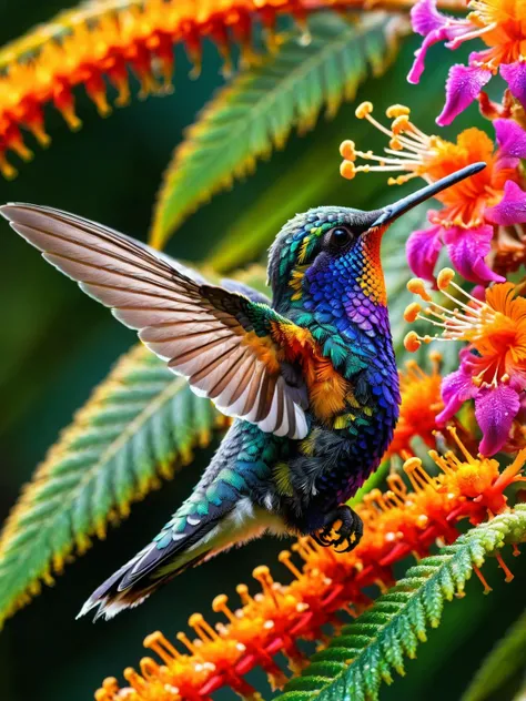 A ral-trichom close-up of a hummingbird sipping nectar from a vibrant flower, its iridescent feathers shimmering against a backdrop of lush tropical foliage. <lora:ral-trichome-sdxl:1>,<lora:EnvyBetterHiresFixXL01:0:hr=1>