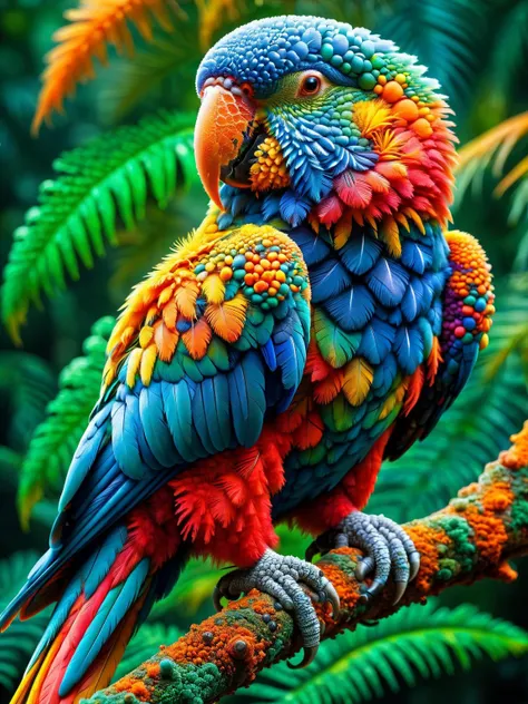 A vibrant parrot perched on a branch, its feathers a kaleidoscope of ral-trichom textures, with a dense rainforest in the background <lora:ral-trichome-sdxl:1>,<lora:EnvyBetterHiresFixXL01:0:hr=1>.