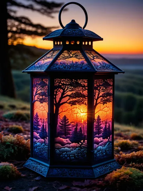 a lantern with a sunset scene on it sitting on a field