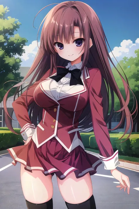 1990s \(style\), 1girl, very long hair, brown hair, large breasts, school uniform, miniskirt, thighhighs, zettai ryouiki, smile, outdoors,
<lora:inkr_v1:1> inkr,, masterpiece, highres, high quality, manga illustration,