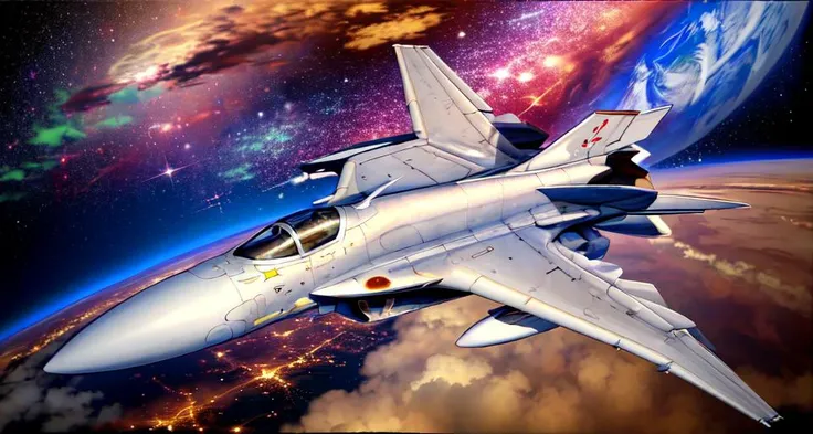 fighter jet, airplane, aircraft, no humans, flying, skyscrapers, military, space, earth, orbit, stars