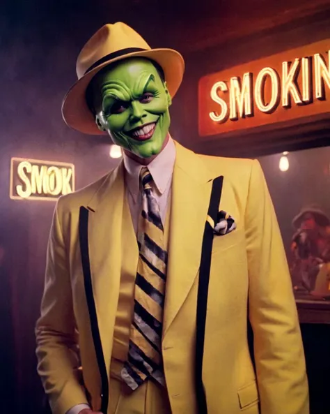 (SSSMOKIN text logo), neon lights, cinematic film still of jim carrey the mask in a yellow zoot suit and hat, grin, teeth, art deco, jazz bar, smoke, cinemascope, moody, film grain,, <lora:Harrlogos_v1.1:1> <lora:jim carrey the mask:1.2>