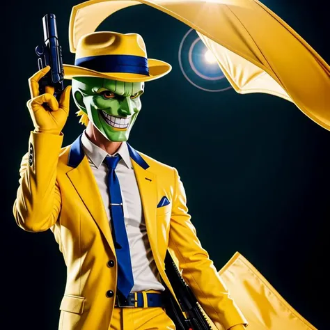 anime artwork of <lora:The Mask SD1.5:1.2>
The Mask a man in a yellow suit and hat holding a gun, anime style, key visual, vibrant, studio anime, highly detailed