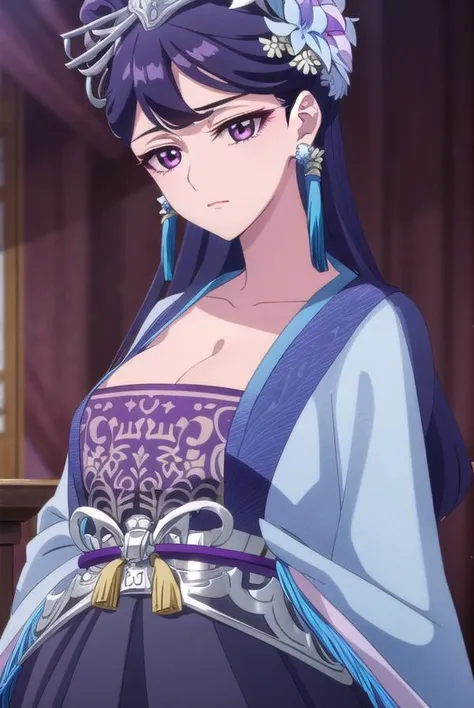 lihua, <lora:lihua s1-lora-nochekaiser:1>,
lihua, long hair, (purple eyes:1.1), purple hair, flower, earrings, hair flower, makeup, lipstick,
BREAK cleavage, jewelry, chinese clothes, hanfu,
BREAK indoors,
BREAK looking at viewer, (cowboy shot:1.5),
BREAK <lyco:GoodHands-beta2:1>, (masterpiece:1.2), best quality, high resolution, unity 8k wallpaper, (illustration:0.8), (beautiful detailed eyes:1.6), extremely detailed face, perfect lighting, extremely detailed CG, (perfect hands, perfect anatomy),