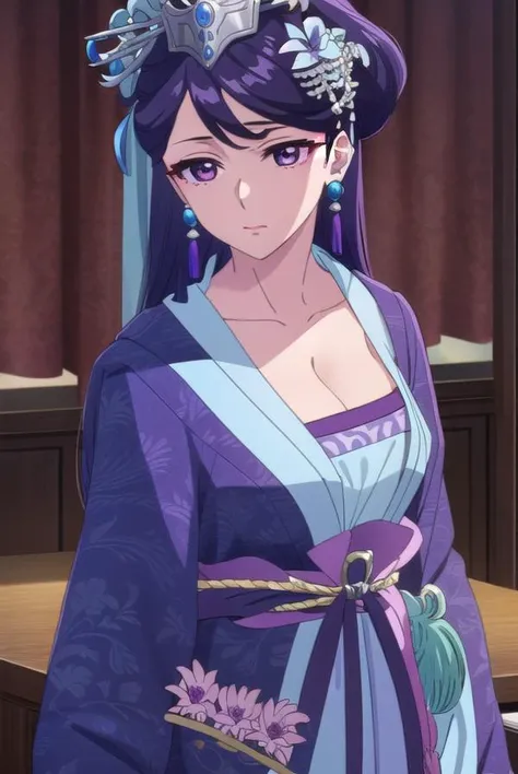 lihua, <lora:lihua s1-lora-nochekaiser:1>,
lihua, long hair, (purple eyes:1.1), purple hair, flower, earrings, hair flower, makeup, lipstick,
BREAK cleavage, jewelry, chinese clothes, hanfu,
BREAK indoors,
BREAK looking at viewer, (cowboy shot:1.5),
BREAK <lyco:GoodHands-beta2:1>, (masterpiece:1.2), best quality, high resolution, unity 8k wallpaper, (illustration:0.8), (beautiful detailed eyes:1.6), extremely detailed face, perfect lighting, extremely detailed CG, (perfect hands, perfect anatomy),