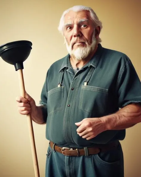 <lora:plunger:0.7>,old beard man, holding plunger