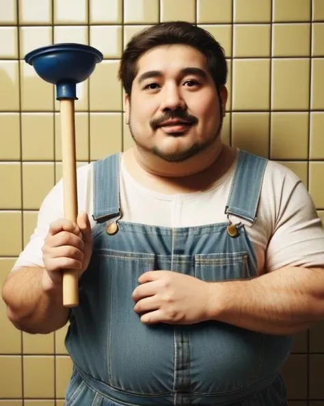 plunger, <lora:plunger_v1:0.7>, fat beard man, holding weapon, upper body, tile_floor, tile_wall, tiles, flange_plunger